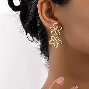 Gold Plated Flower Stylish Drop Earrings for Women Hypoallergenic Lightweight Fashion Accessories, Gold Dangle Earrings