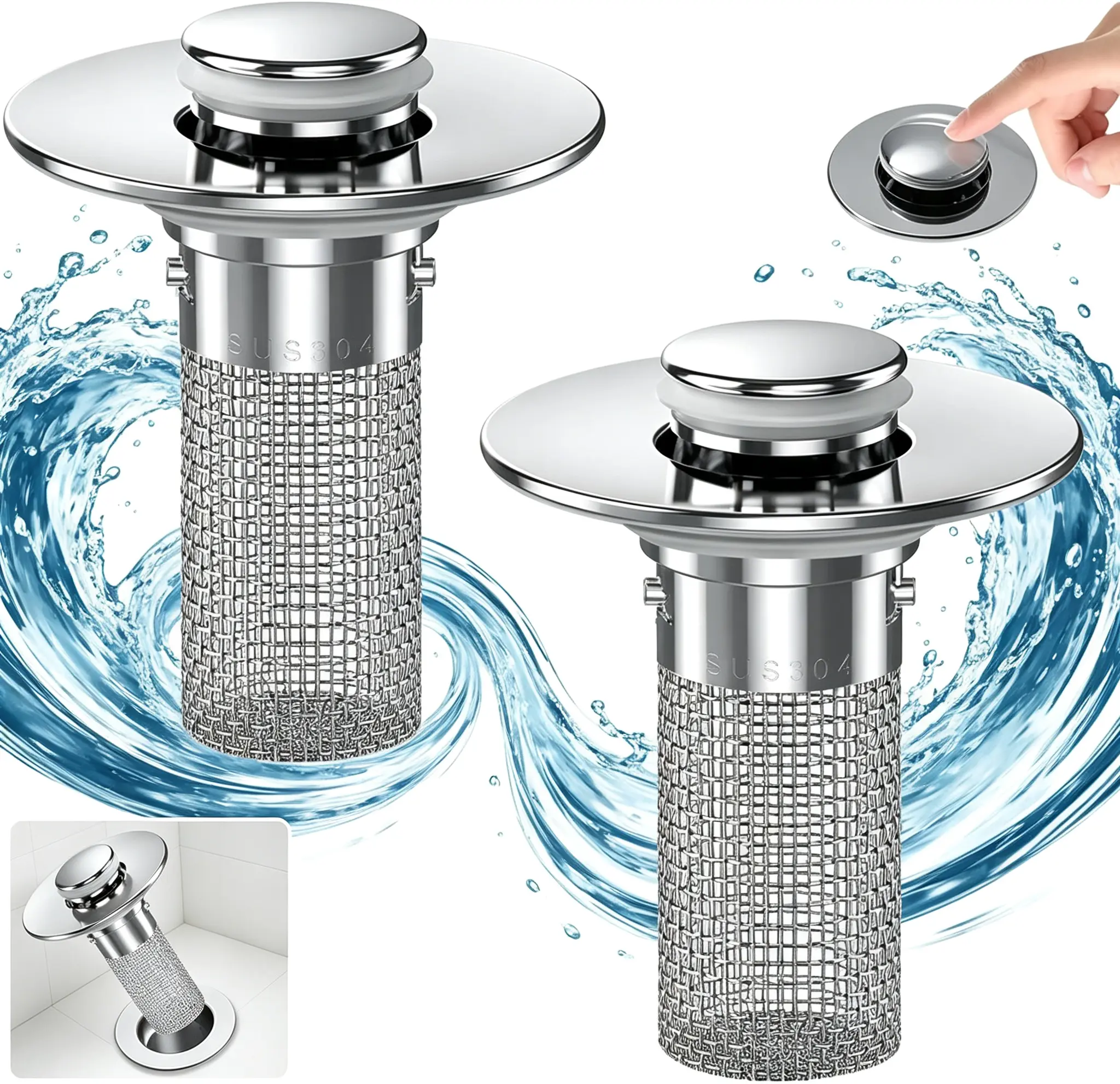 Stainless Steel Bathroom Sink Stopper, 1/2 Counts Anti-odor Basin Bouncing Core, Pop Up Bathroom Sink Plug, Sink Drain Stopper for Bathroom Bathtub，Universal Bathroom Sink Stopper