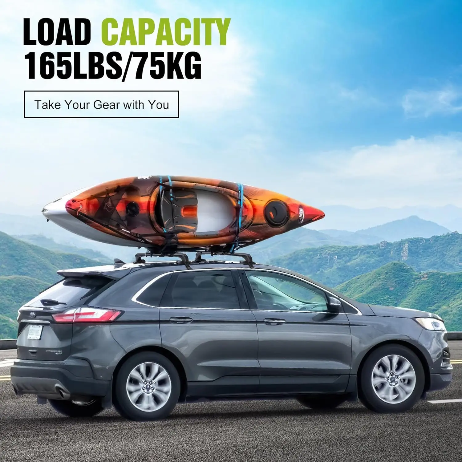 43-Inch Aerodynamic Aluminum Car Roof Rack Cross Bars with Curved Ends for Wind Reduction, Lockable Mount with 165lb Capacity, Easy Install Outdoor Accessories for Most Cars with Rain Grooves, 2 Hook Sets With Rubber Pads, Alloy, Easy Setup, 2 Keys-1995,