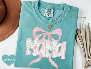 Floral Mama Shirt Comfort Colors Mom Spring Tee, Trendy Mom Tshirt Women's Flower Mama Shirt, Pregnancy Reveal Gift Blue Pink Bow Shirt