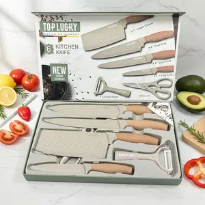 6pc Ultra-Sharp Kitchen Knife Set with Aesthetic Wood Grain Handle - Professional Chef Knife, Cleaver & Peeler Set - Non-Stick Texture Technology
