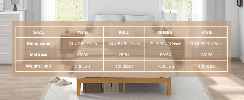 Queen Size Wood Bed Frame, 12in Platform Mattress Foundation with Support Slats, Natural Pine Color, Easy Assembly, No Spring Needed