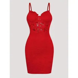 Women's Sexy Red Formal party dress - back, Bodycon fit, Knee-Length Evening gown for Gala, Date Night - Elegant Partywear Clothing,Spaghetti Strap Womenswear Fabric Workwear Polyester Floral Sleeveless