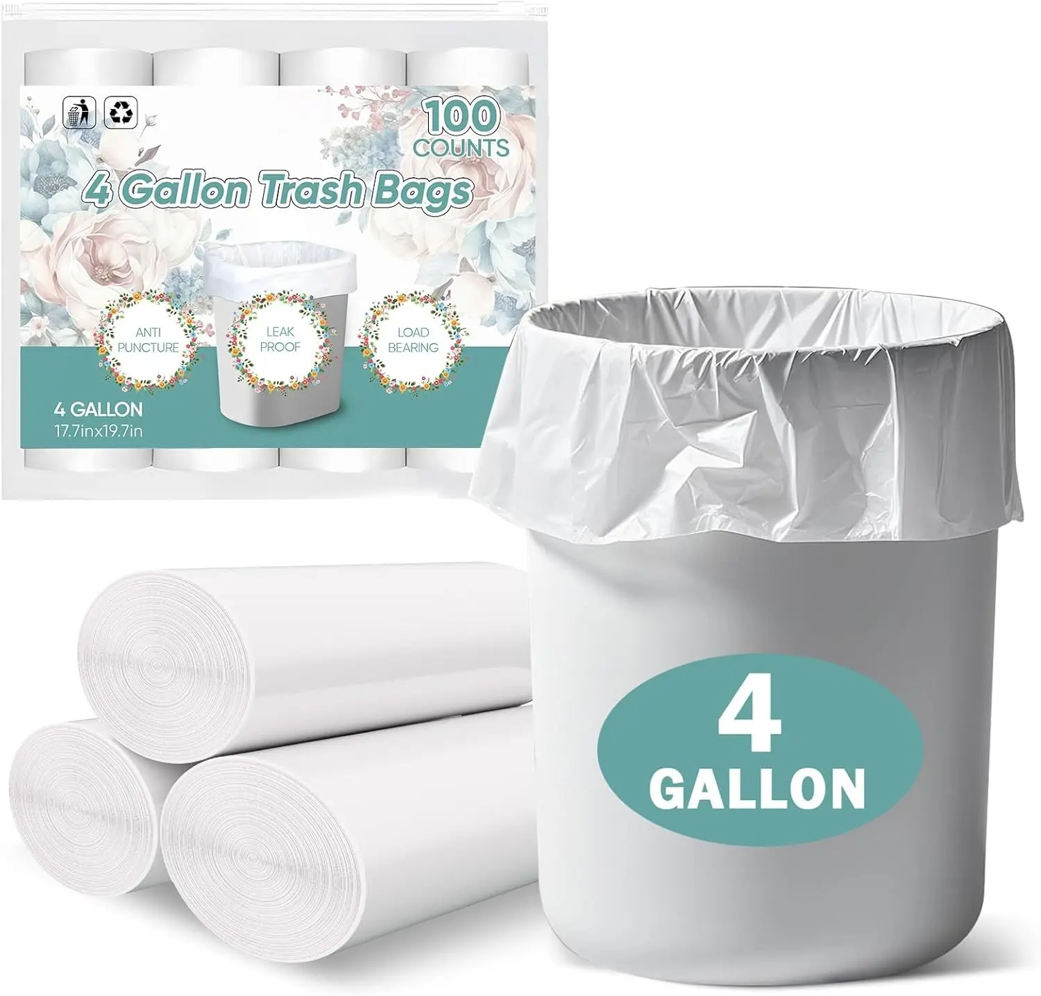 Small Trash Bags 4 Gallon - 100 Count Leakage-Proof 4 Gallon Trash Bag, Unscented Small Garbage Bags for Office Bedroom Bathroom Mini Trash Bags, White 4 Gal Trash Can Liners