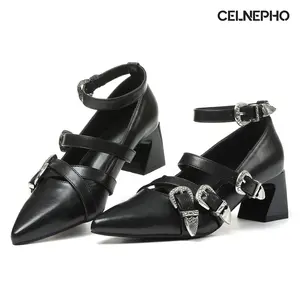 CELNEPHO Womens Pumps Buckled Heeled Shoes Pointed Toe Chunky Block High Heels Adjustable Ankle Buckle Strap Comfy Slip On Party Work Casual Dressy Shoes