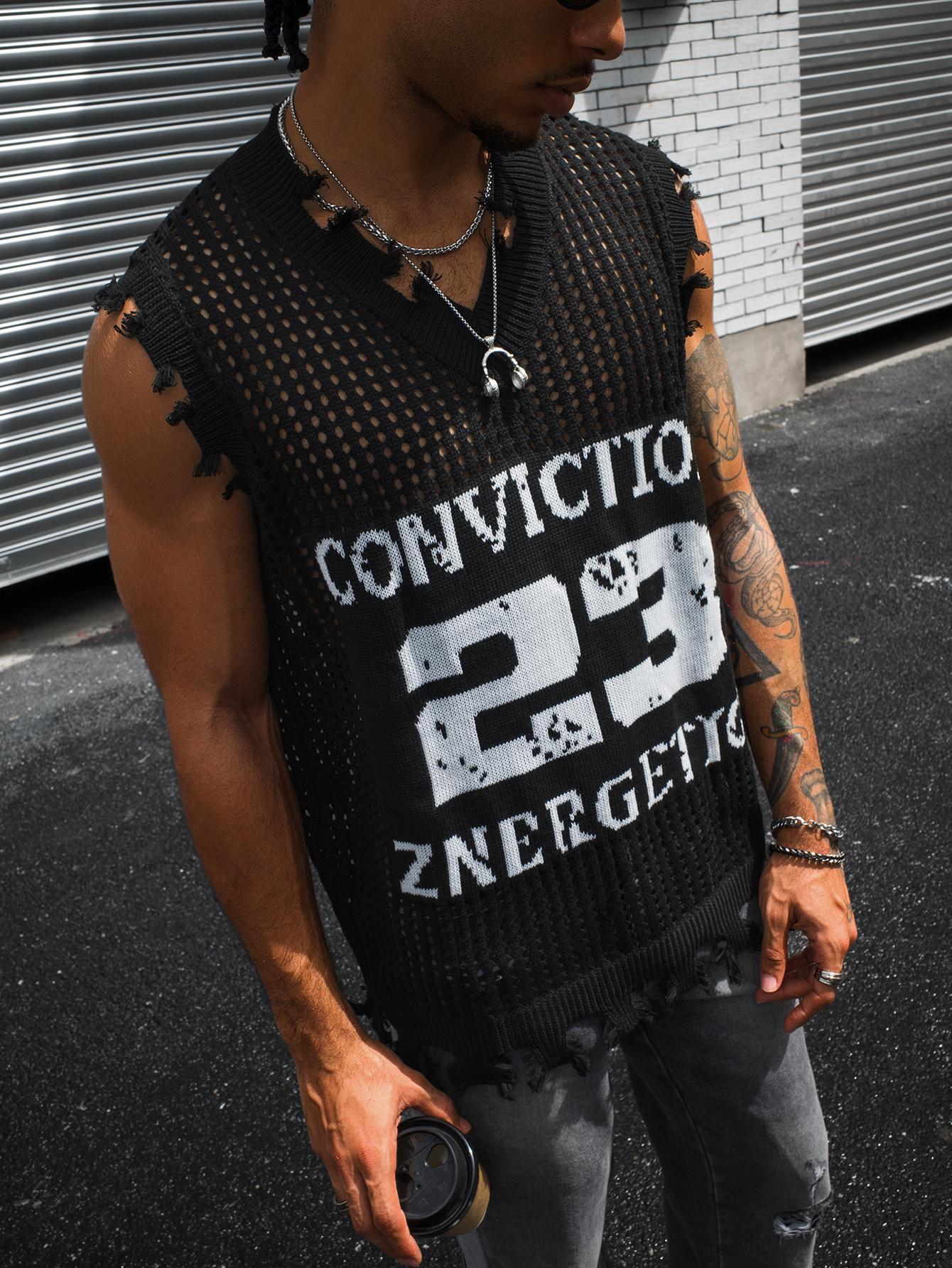 HYPESTFIT Men's Number Sleeveless Knit Top Distressed V-Neck Open-Knit Tank Loose Fit Army Green Fashion Knitwear