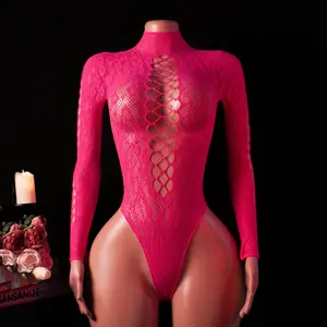Women's Sheer Mesh Hot Pink Lace Bodysuit Long Sleeve Sexy High Neck Teddy with Floral Cut-Out Design Nightwear for Anniversary Valentines or Honeymoon