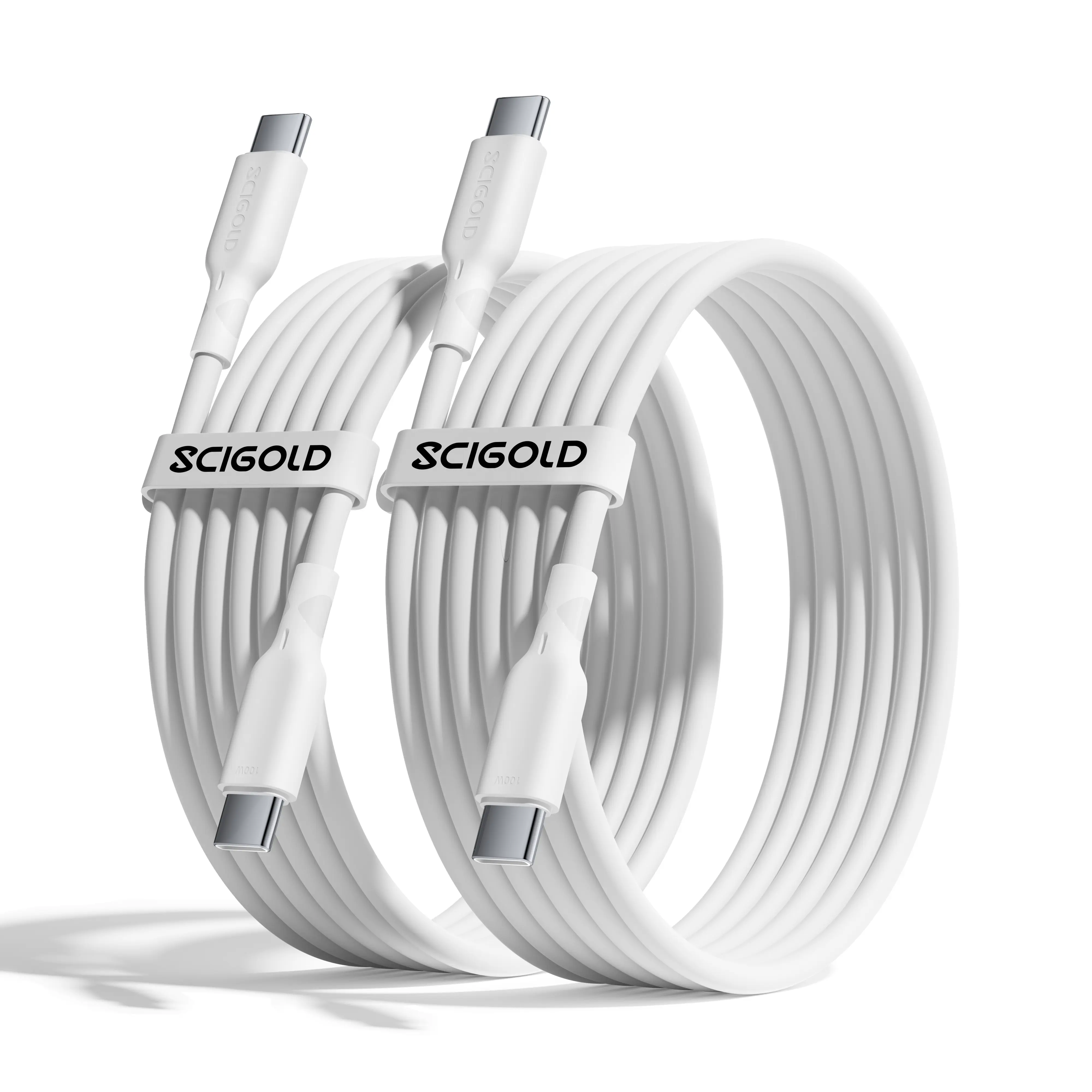 Scigold 2-Pack USB-C to USB-C 100W Fast Charging Cable White 3/6/10FT, Soft Silicone PD Charger Cord for iPhone 15/16/17 Series, Samsung Galaxy S24/S23, MacBook Air/Pro, iPad Pro