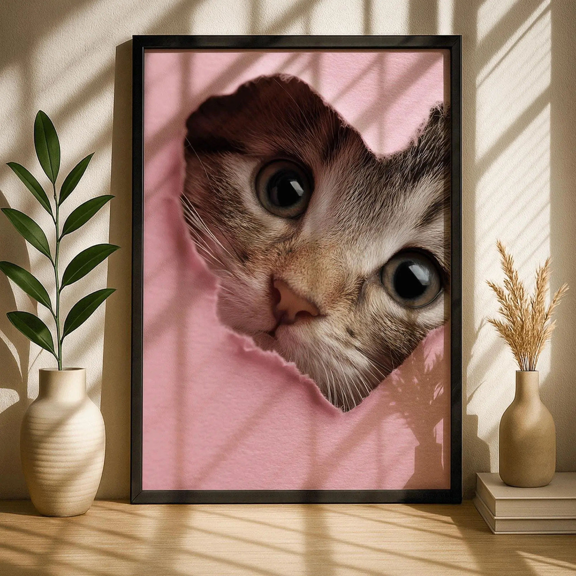 Unframed Blush Pink Artistic Cute Kitten Heart Graphic Print Poster, Home Supplies, Multi-Sizes (12x18,17x17,18x24,24x24), Wall Decoration, Valentine's Day Pet Room Decor (Shipped in a Tube), Valentines Day, Paper