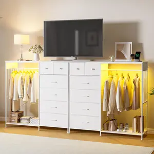 GARVEE 49.2" W Fabric Bedroom Dresser with Hanging Rack, 6 Drawers, LED Lights, Charging Station, Wooden Top & Grid Panel