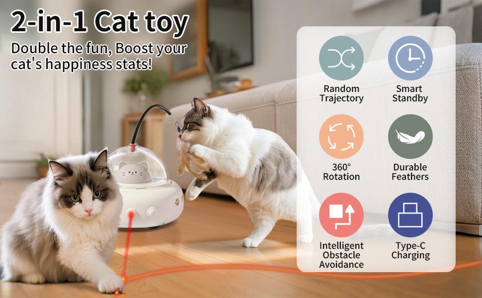 Automatic obstacle avoidance cat laser toy, 2-in-1 interactive cat toy, laser and feather cat teaser, USB rechargeable laser cat toy, perfect gift for bored indoor adult cats/kittens, detachable mint ball.