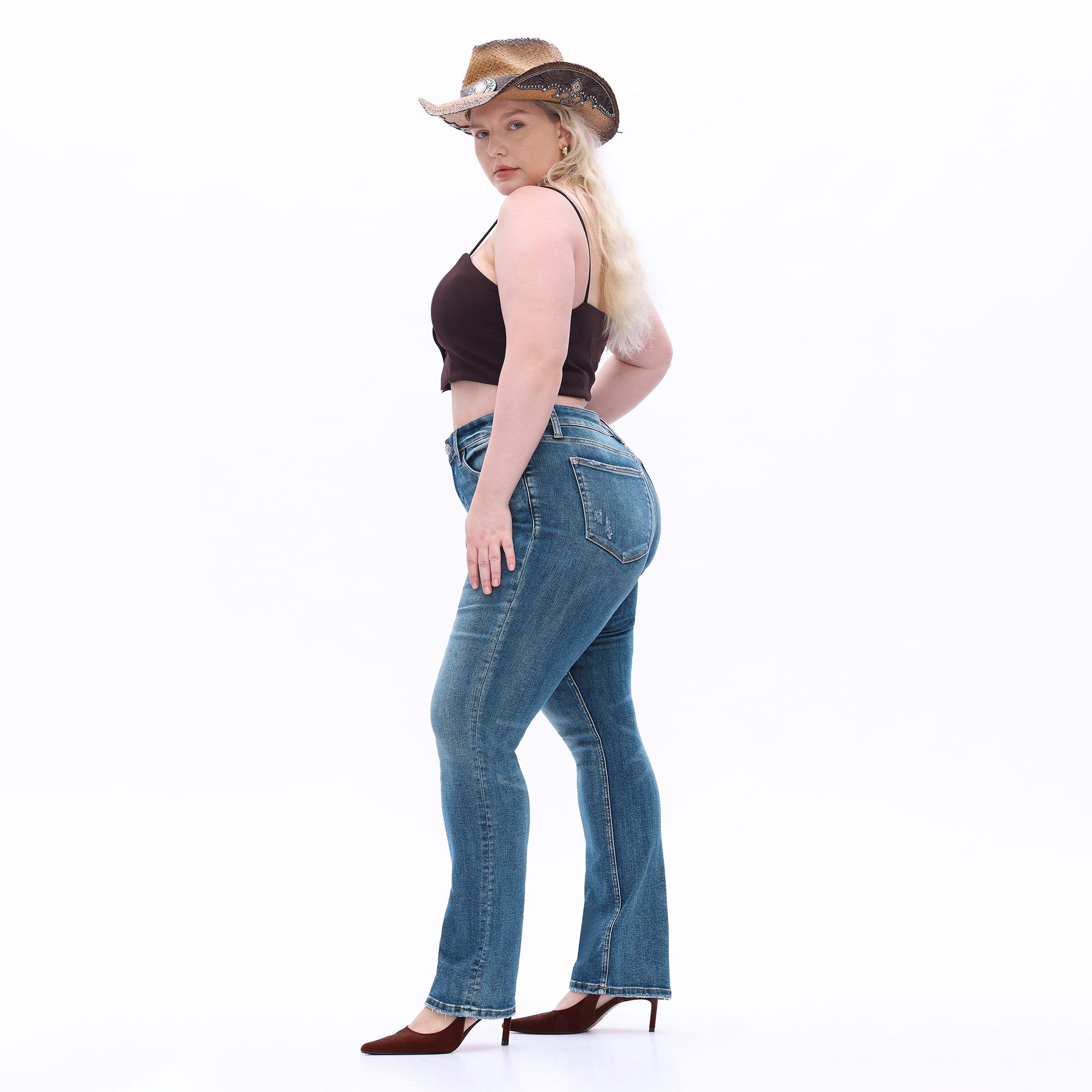 Plus Size Tummy Control Medium Stretch Jeans Slimming Straight Leg Denim for Pear Shaped Women, Comfortable Curvy Fit, Up to size 24W BBL Effect