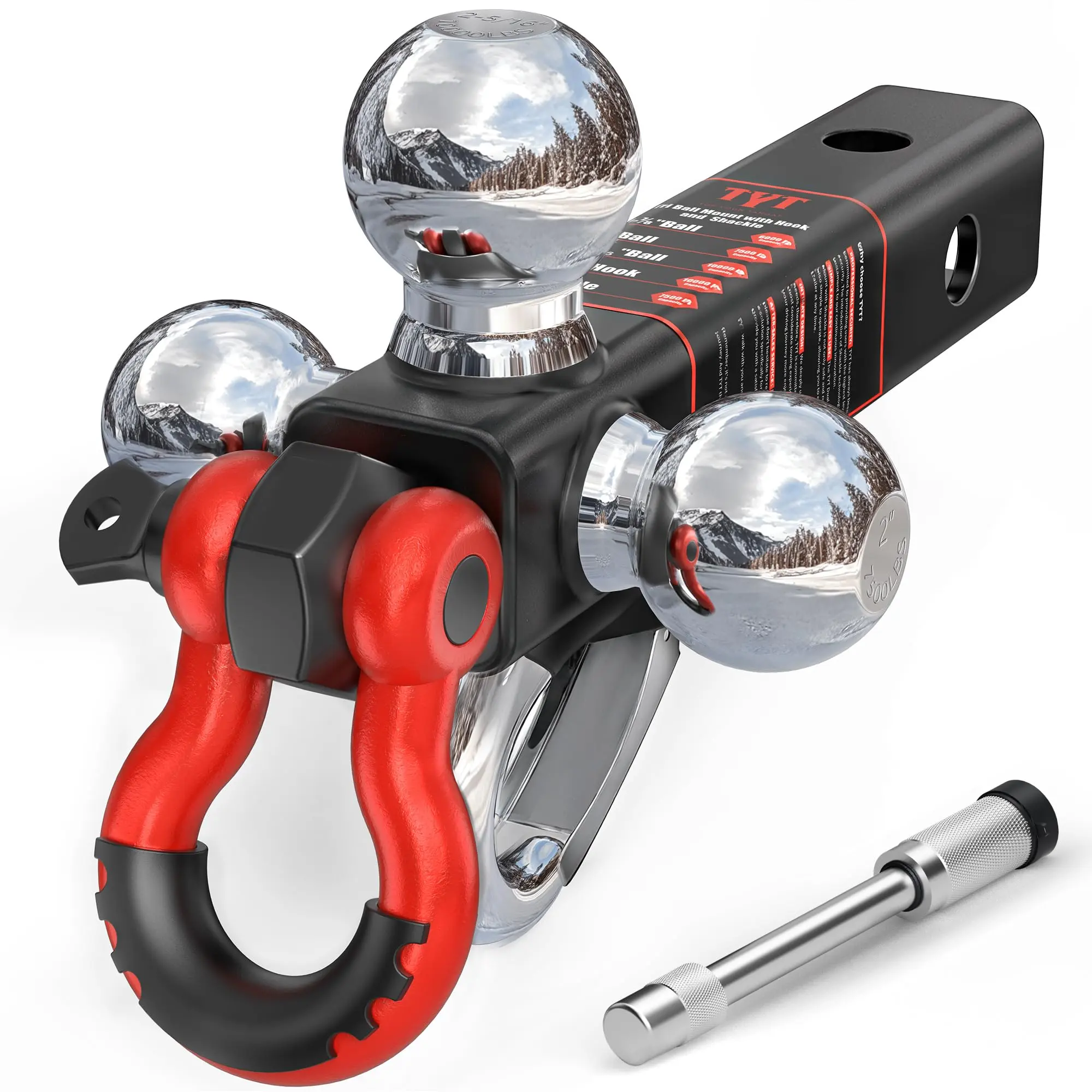 TYT Adjustable Tri-Ball Trailer Hitch for 2-Inch Receiver, Heavy-Duty Solid Ball Mount with 1-7/8", 2", 2-5/16" Balls, Tow Hook, Shackle & Anti-Theft Lock, 10,000 lbs GTW, for Trucks, RVs, SUVs