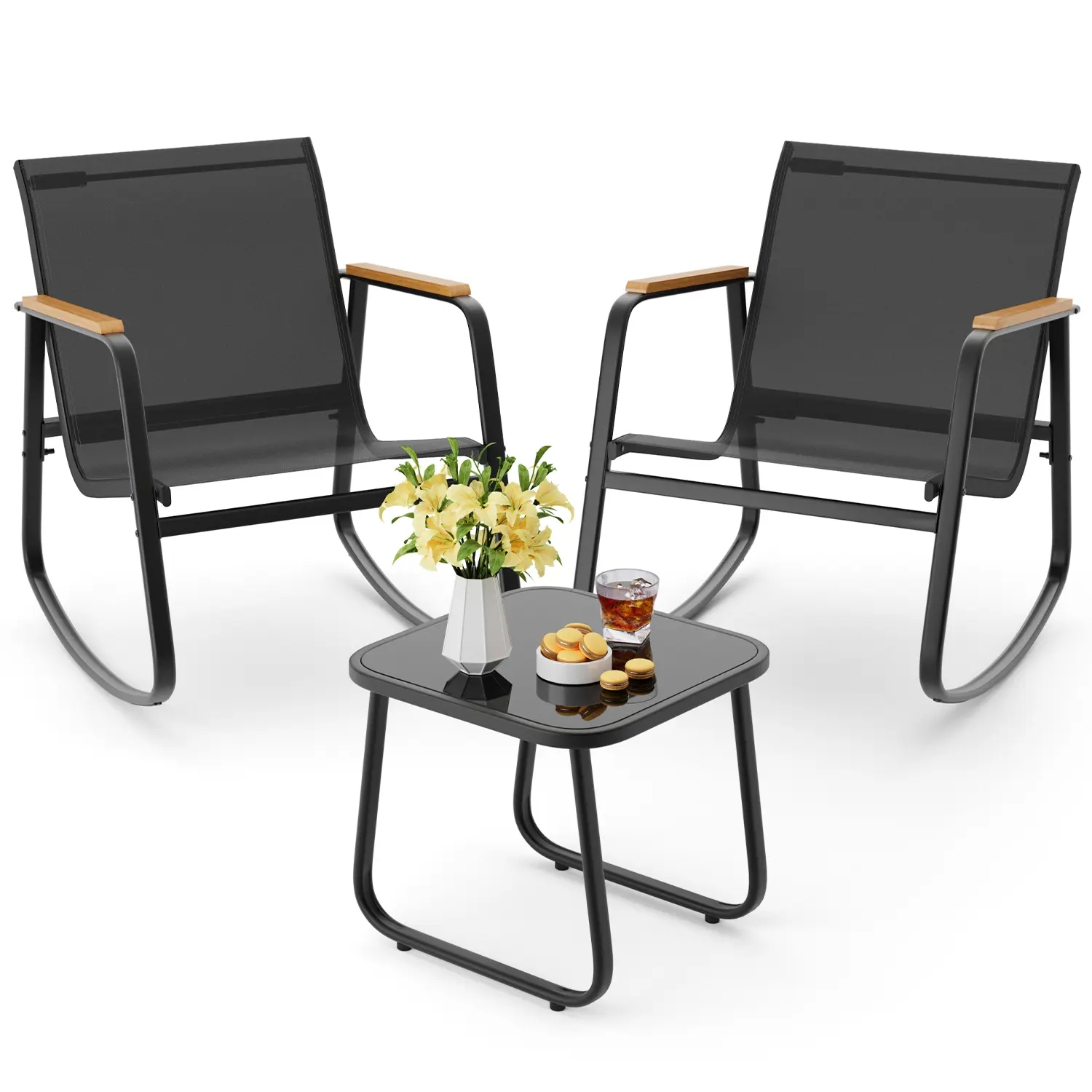 GIZOON 3 Piece Rocking Bistro Set, Textilene Patio Chairs for Garden, Black | Textilene Fabric Patio Furniture Set, Front Porch Rocker Chairs with Coffee Table for Lawn, Garden, Balcony, Poolside