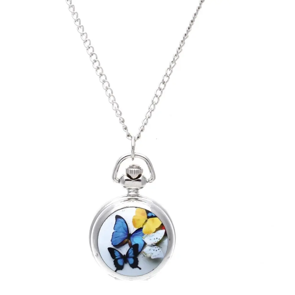 Lady 2.9cm Alloy Round Pocket Watch Necklace - Quartz Locket Pendant, Butterfly Print, Accurate Timekeeping, Various Uses for Daily & Formal Occasions, Accurate Quartz, Female Wear
