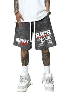 Men’s summer cotton athletic shorts with a washed, distressed look, featuring a double-sided print of currency-themed motifs. Casual loose fit with a drawstring waist, beach-ready design with pockets. Mood-inspired aesthetic, 2000s style. Suitable for run