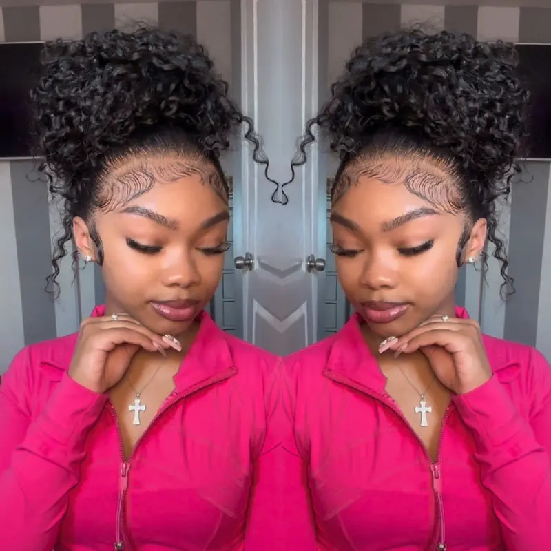 Pizazz Hidden Strap 360 Lace Front Wigs Human Hair Pre Plucked Pre Bleached Knots 220 Density Water Wave HD Lace Frontal Wig with Drawstring Curly Full Lace Front Wigs for Women
