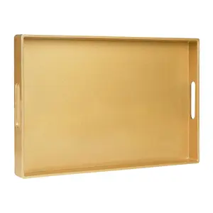 Modern Gold Rectangular Serving Tray with Handles – 15.8" x 10.2" Plastic Decorative Tray for Coffee Table, Ottoman, Living Room & Bathroom Decor