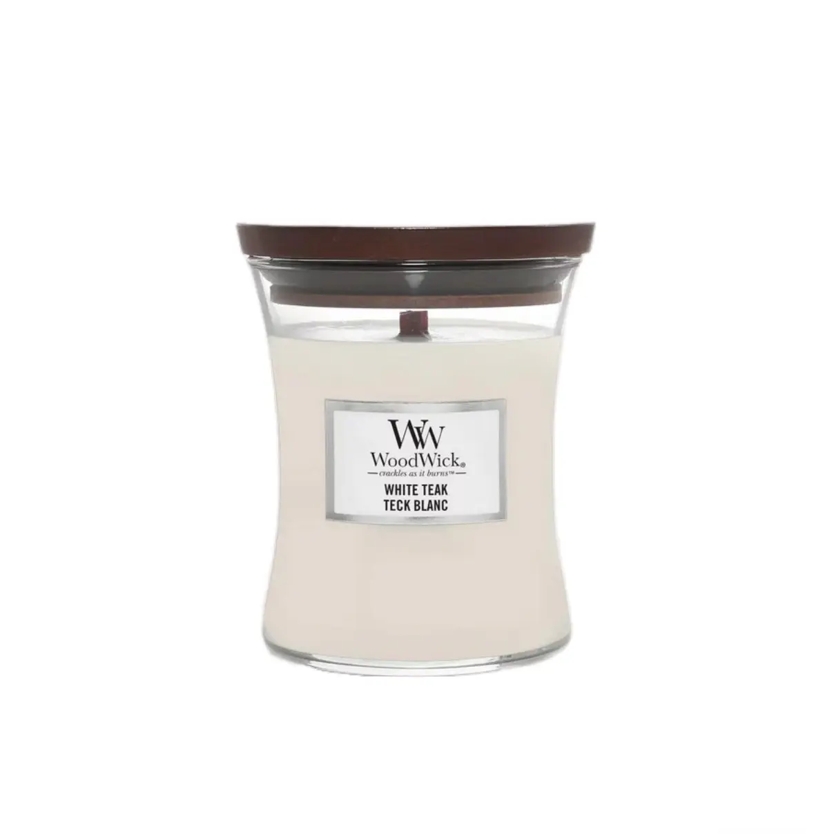 WoodWick Medium Jar Household Candle - White Teakwood Scent, Hourglass Shape, Even Burn, Home Decor Item for Cozy Rooms, Aroma Enhancer