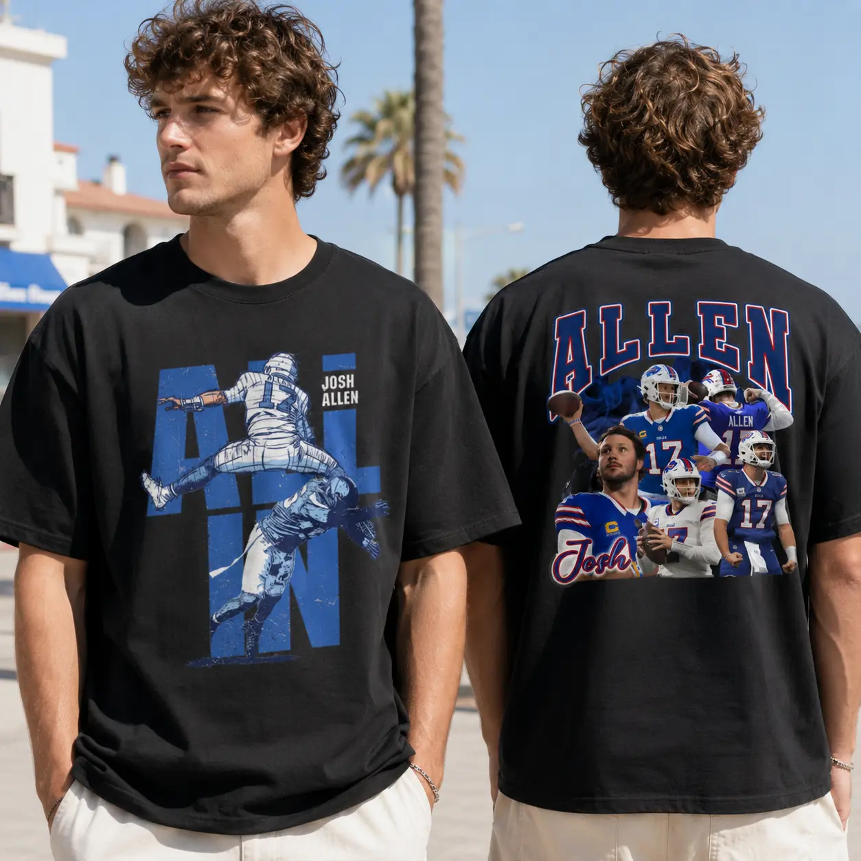 Josh Allen Bills Front and Back T-Shirt, Vintage Quarterback Football Graphic Tee, Retro #17 Sports Streetwear Shirt, Game Day Gift for NFL Fans