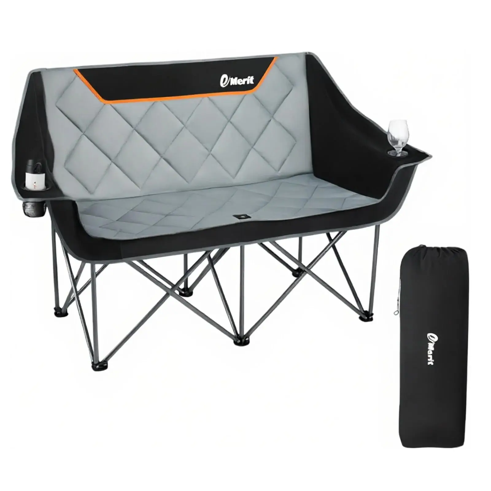 EMERIT Oversized Camping Chair with 650LB Capacity - Heavy Duty Folding Loveseat Camping Couch with Deep Seat & Rip-Resistant Fabric, Padded Comfort, Cup Holders for Outdoor, Lawn & Sports. Black