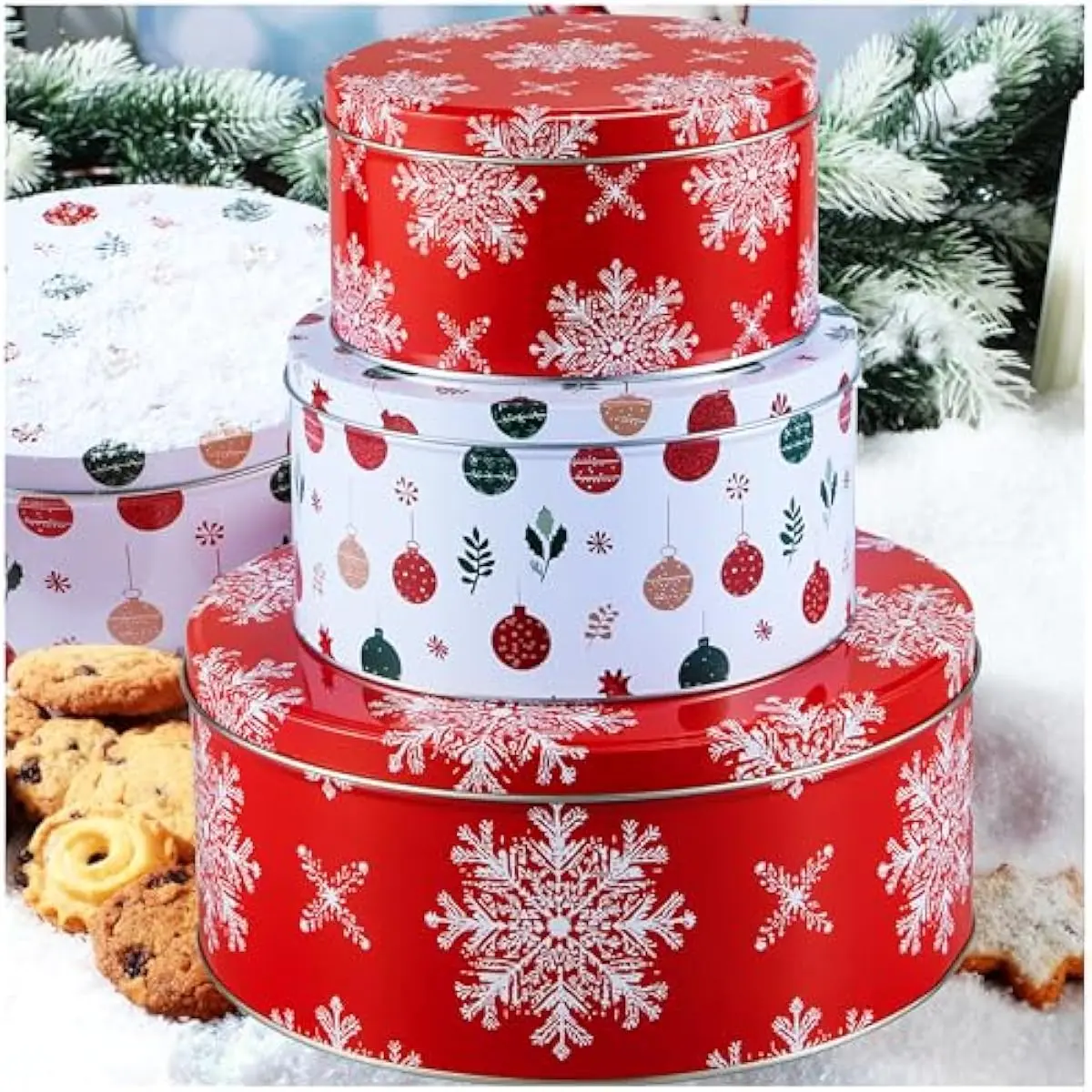 3PCS Christmas Cookie Tins with Lids for Gift Giving, Sturdy Holiday Baking Treat Metal Tins for Presents Wrapping, 3 Different Size Xmas Jars for Gift Giving, Party Food Dessert Containers