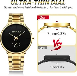 CRRJU Mens Watches Ultra-Thin Minimalist Waterproof Fashion Wrist Watch for Men Unisex Dress with Stainless Steel Band Black Hands 7mm Dial
