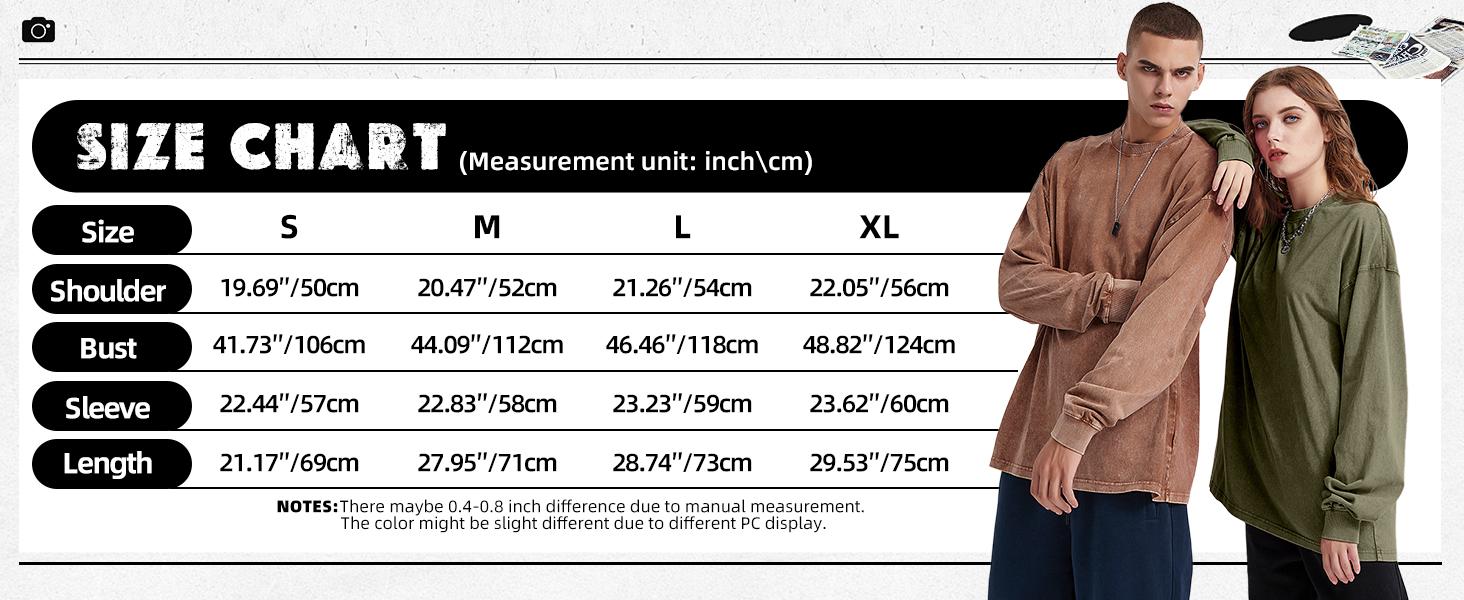Gihuo Unisex Oversized Sweatshirt for Men Women Vintage Loose Fit Cotton Pullover Crewneck Baggy Acid Wash Long Sleeve Basic T-Shirt for Casual Wear Y2K