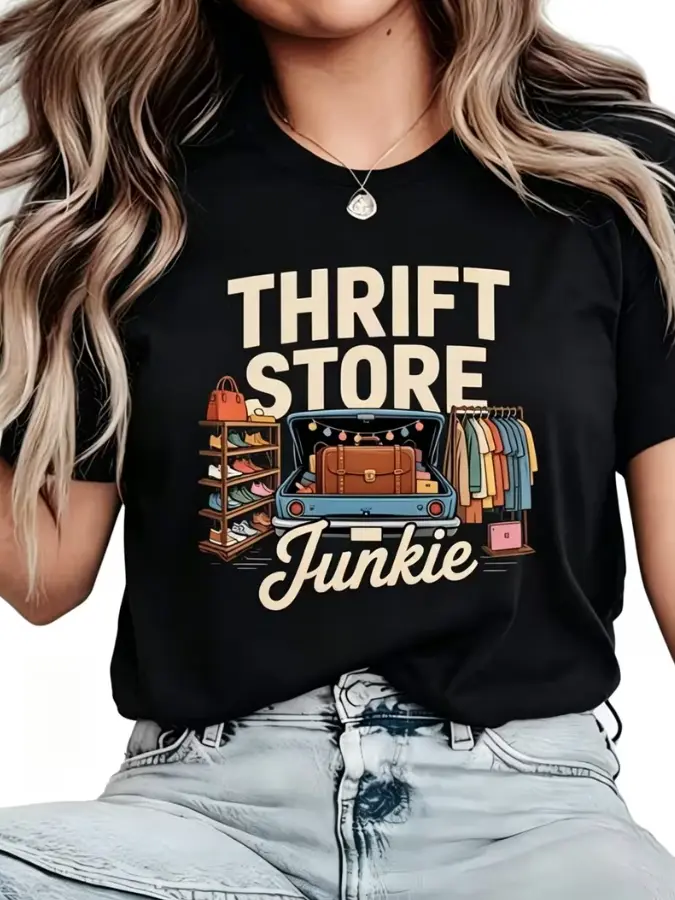 Women's Vintage Cotton Breathable Lightweight Short Sleeve Crewneck Loose Fit T-Shirt - Retro Car Trunk & Clothing Rack Print, Thrift Store Enthusiast Top, Casual Daily Wear, Thrift Shopping Outfits, Machine Washable, Easy Matching