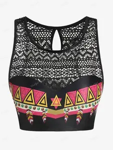 Rgothic Plus Size halter top women's clothes Ethnic Geo Printed Lace Panel Tankini Top for Women High Stretch Polyester Swimwear with Removable Pads