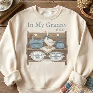 In My Granny Era Sweatshirt, Vintage Goose Kitchen Shelf Art Apparel, Retro Grandma Core, Cottagecore Aesthetic Outfits, Trendy Long Sleeve, Comfortable