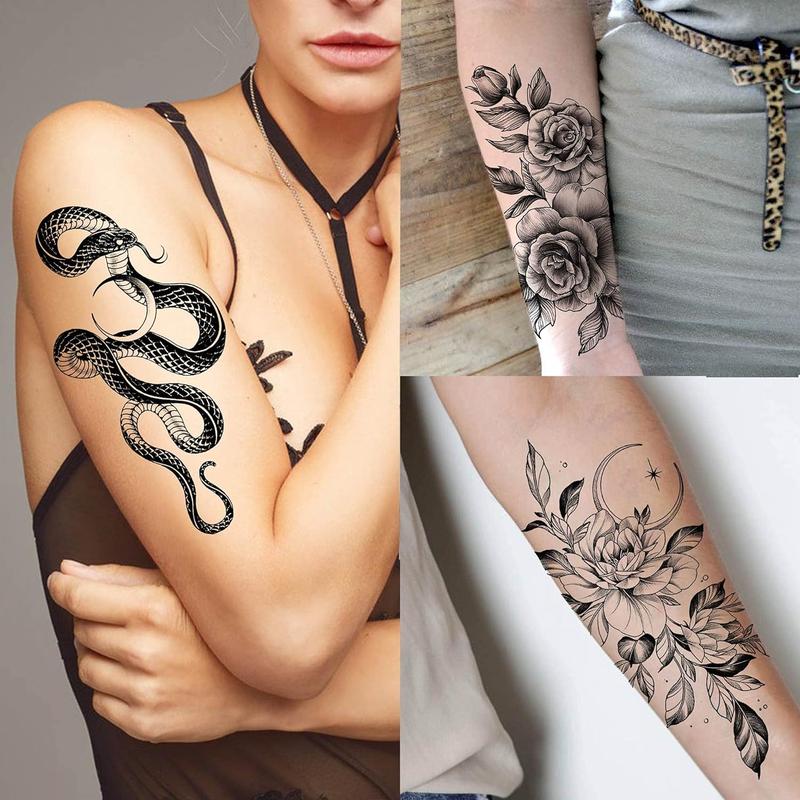 64 Sheets Long Lasting Flower Temporary Fake Tattoos For Women Arm Neck, Jellyfish Sunflower Moon Rose For Adults Girl, 3D Temp Realistic Snake...