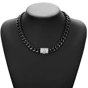 Personalized Fashionable Jewelry Black Cuban Link Necklace | Silver Clasp & Laser Letters A-Z Flip Clasp, Industrial Men's Jewelry for Goth/Punk/Hip Hop, Edgy Gift Trendy and Stylish Accessory for Daily We Necklace for Party,Daily Decoration, Fashion men