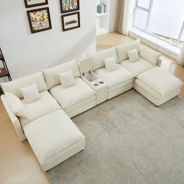 Niccae 6-Seater U-Shaped Modular Cloud Chenille Sectional Sofa Set - 3 or 4-Package Delivery, Hidden Storage, Cup Holders, Modern Wood Design, Convertible Bed, Modern Lines, Freely Movable, Oversized Couch, Sofas Living Room, Apartment Furniture