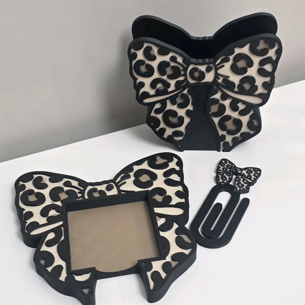 3D Printed Leopard Bow Desk Set - Nude & Black Adorable Cute Desk Accessories, Office Decor with Paper Clip, Post-it, Pen Holders & Straw Topper, Office Desk Organizer, Multifunctional Stationery