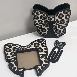 Leopard Bow Desk Set - 3D Printed Adorable Nude & Black Design for Cute Office Decor Includes Paper Clip Post-it Holder Pen Holder & Straw Topper