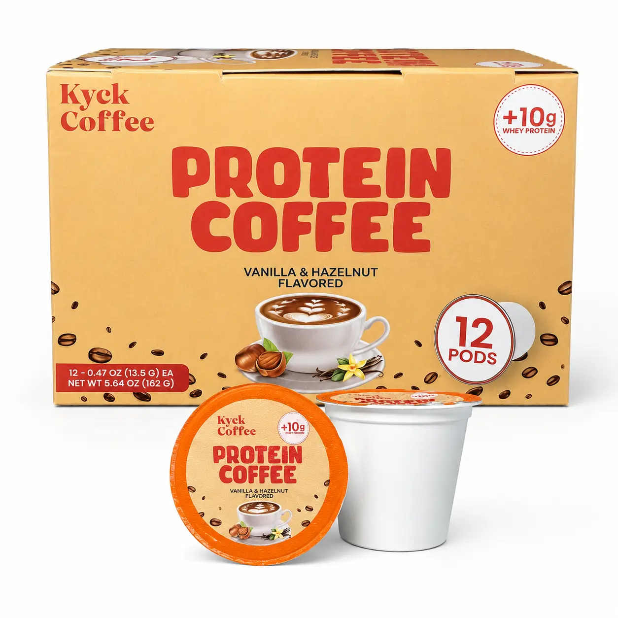 Kyck Coffee Protein Coffee K-Cups, Vanilla Hazelnut, 12 Count, 10g Whey Protein, High Caffeine Natural