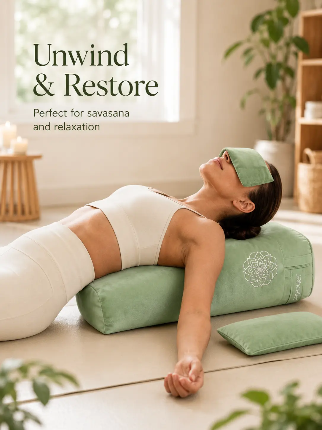 3 in 1 Yoga Bolster Pillow Set for Relaxation & Meditation, Premium Rectangular Velvet Cushion with Weighted Lavender Eye Pillow, Supportive Foam for Back Support & Stretching, Stretching Tool, Home Yoga Equipment