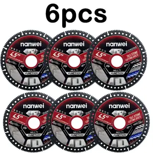 6 ultra-thin diamond saw blades, 4.5-inch tile cutting blades, suitable for smooth cutting of tiles, ceramics, granite, and marble.  Cuts various materials, bevels, and grinds in seconds. Suitable for power tools.