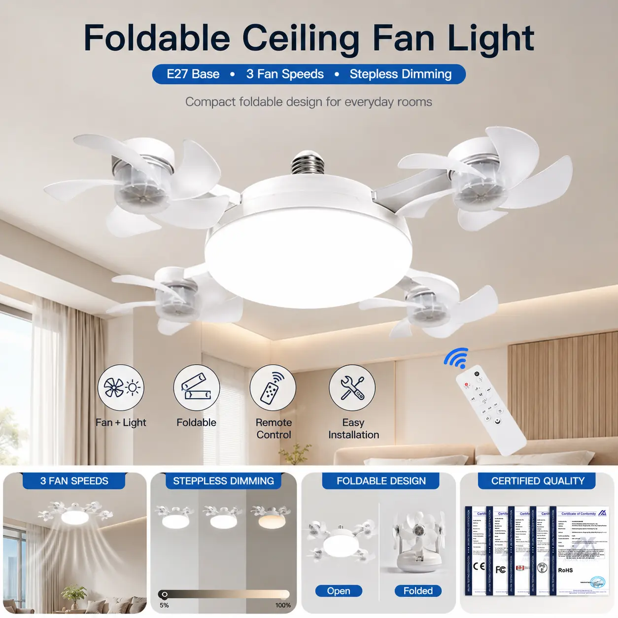 Foldable Ceiling Fan Light, E27 Screw Base LED Ceiling Lamp with Remote Control, 3-Speed Fan & Stepless Dimming, Compact Fan Light for Bedroom Living Room Dining Room