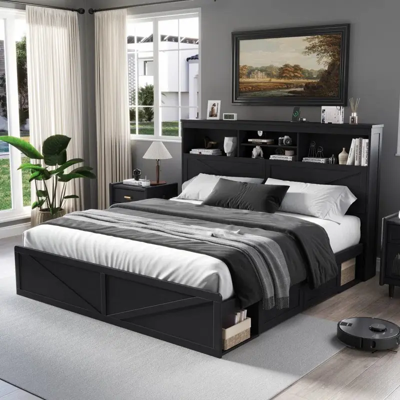 LINGMU Modern King Size Storage Bed Frame with 52” Tall Headboard, Noise-Free Slat Support, 4 Drawers & 2 Cabinets, Black