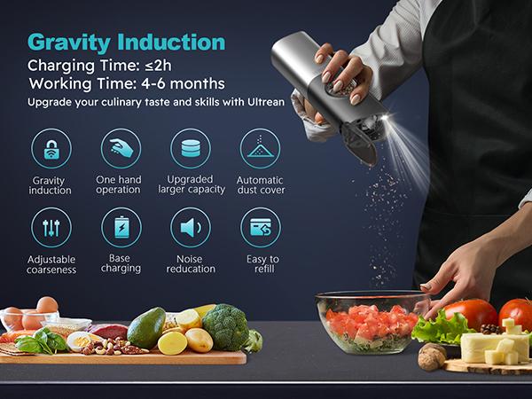 Ultrean Electric Salt & Pepper Grinder Sets, 2pcs Rechargeable, Adjustable, Modern Stainless Steel Construction, Seasoning Auto Dust Lids, LED one-hand operation Kitchen Utensils