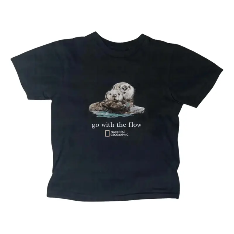 Go With The Flow Otter Pattern Baby Tee, National Geographic Inspired Otter Graphic Baby Tee, Vintage Nature Animal Pattern Aesthetic T-Shirt, Cute Wildlife Lover Streetwear Top, Retro Adventure Style Baby Tee