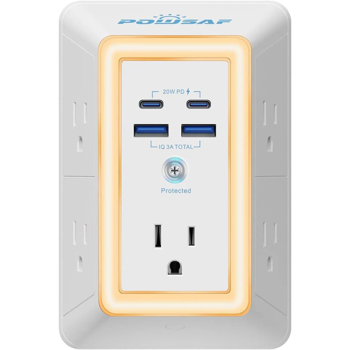 Surge Protector Wall Outlet Extender, 5 Plug Power Strip with 4 USB Ports (2 USB-C PD 20W), 3-Side Multi Plug Adapter with Night Light, Space Saving Wall Charger for Home Office
