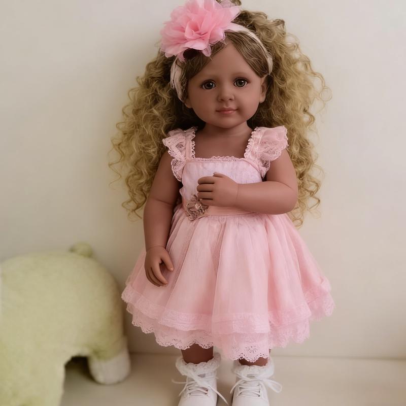 22 Inch Lifelike Dark Brown Skin African American Reborn Baby Dolls with Pink Dress Curly Hair Realistic Newborn Silicone Doll for Kids Women Xmas Birthday Gifts Durable Features