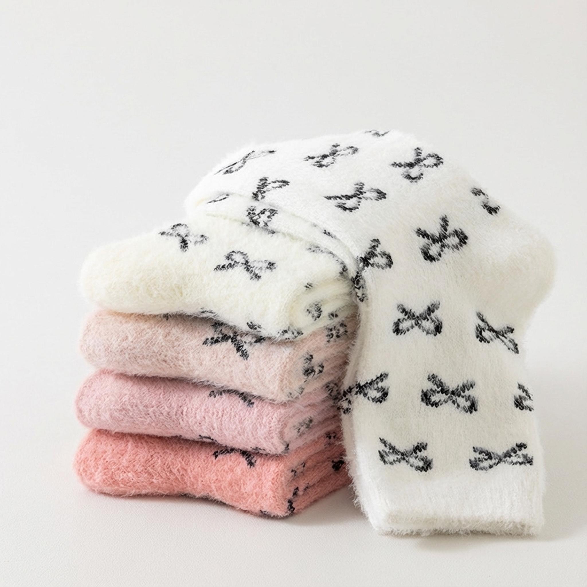 KatchMe Women's Lovely Heart-Shaped Smooth Fluffy Thermal Mid-Calf Socks, Cozy Multi-Pack Basic Socks for Fall & Winter, Vibrant 5-Pack Fuzzy Socks