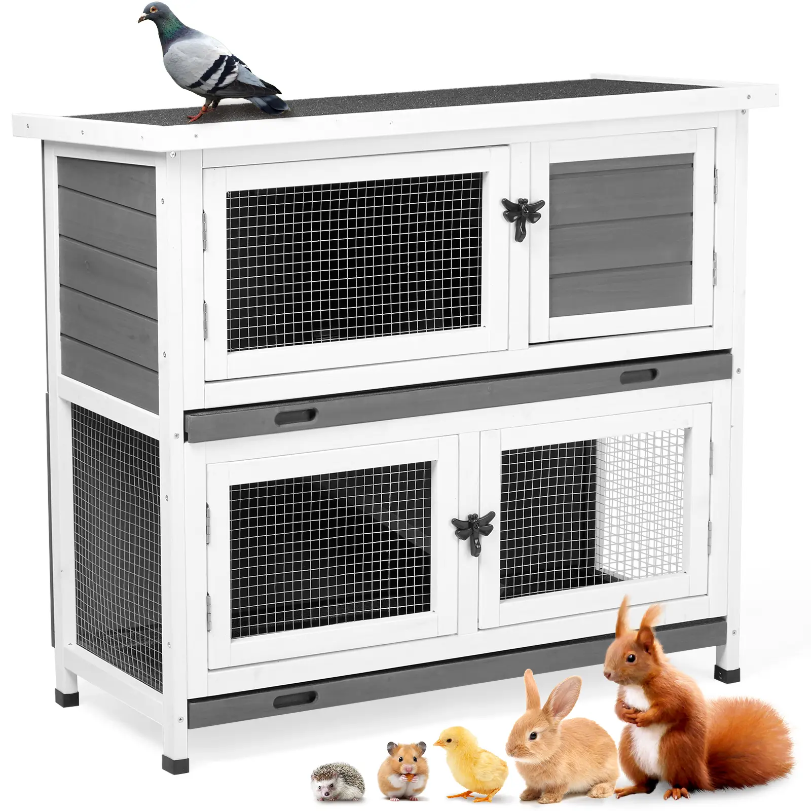 2-Story Solid Fir Wood Rabbit Hutch with Waterproof Roof - Indoor/Outdoor Bunny Enclosure with 2 Removable Trays for Easy Clean