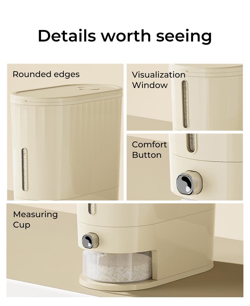 UFORU Press Type Airtight Plated Rice Dispenser 11Lbs/22Lbs Dual Sizes BPA-Free Grain Cereal Storage Container with Measuring Cup for Kitchen Pantry Soybean Corn Dry Food Organization