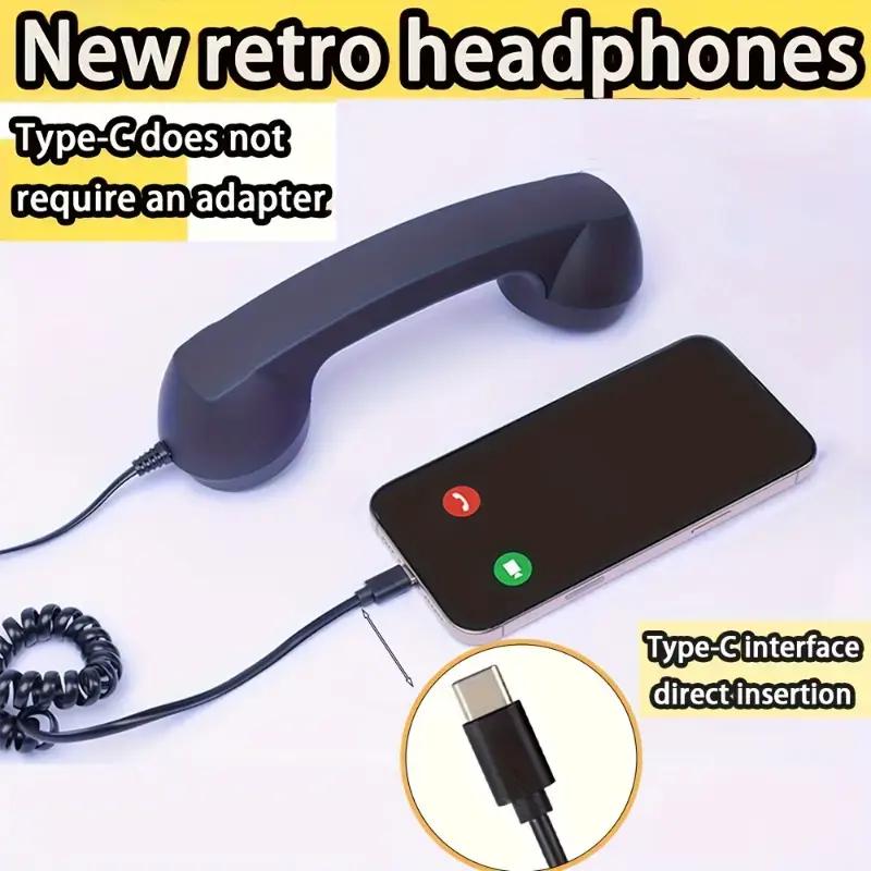 New TYPE-C Straight Plug Phone Retro Mute, C-Style No Conversion Needed, External Call Handset with Simple Ergonomic Design in Colorful Various Dreamy Colors Portable Mini audio Black Headset
