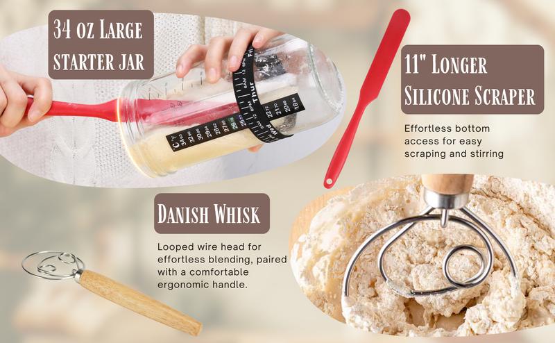 Sourdough Starter-To-Loaf Kit, Premium Silicone Oval & Round Bread Proofing Basket Set, Easy Baking Instructions, Complete Sourdough Kit, 34oz Sourdough Starter Jar With Accessories, Silicone Spatula, Danish Whisk, Dough Scraper, Scoring Knife, Bread Bags